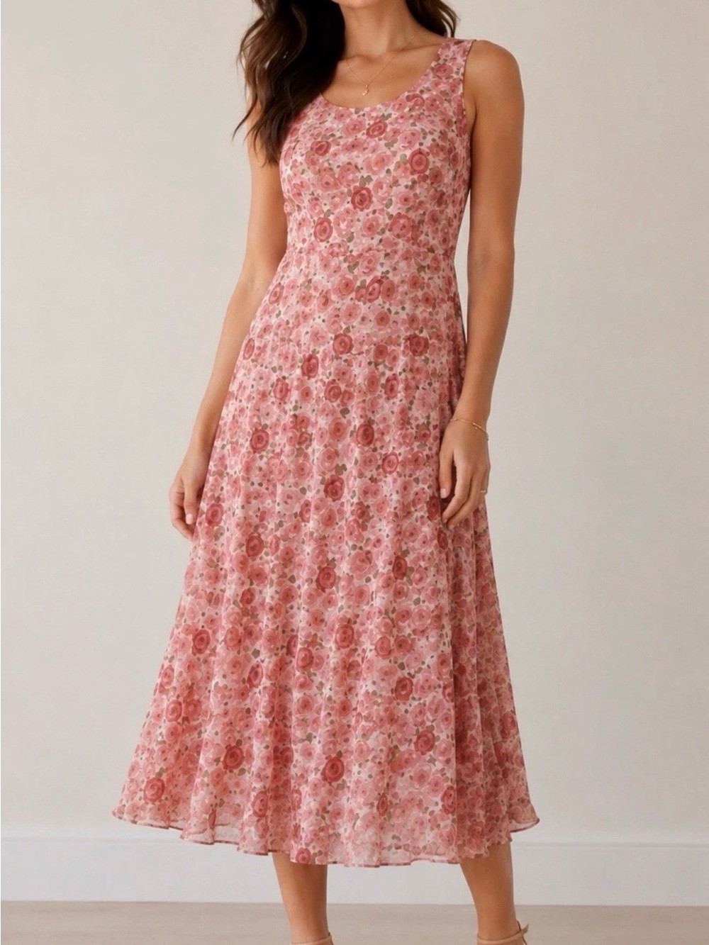 Ann Taylor Loft Silk Pink Floral Sleeveless  Feminine Garden Party Midi Dress 6